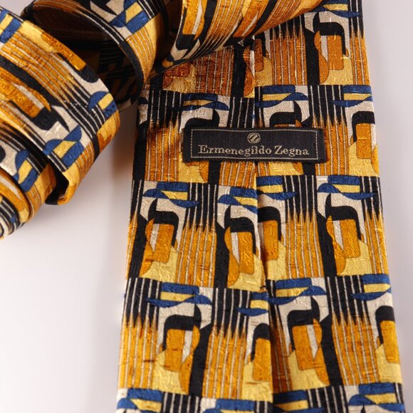 Ermenegildo Zegna 100% Silk Necktie Abstract Gold Blue Black Made in Italy 59" - Picture 4 of 6